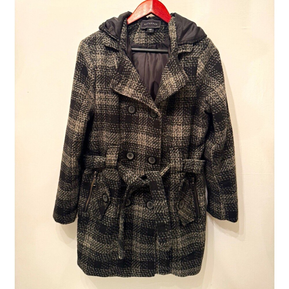 Metaphor Women’s L Gray Black Plaid Hooded Belted Mid-Length Pea Coat Lined